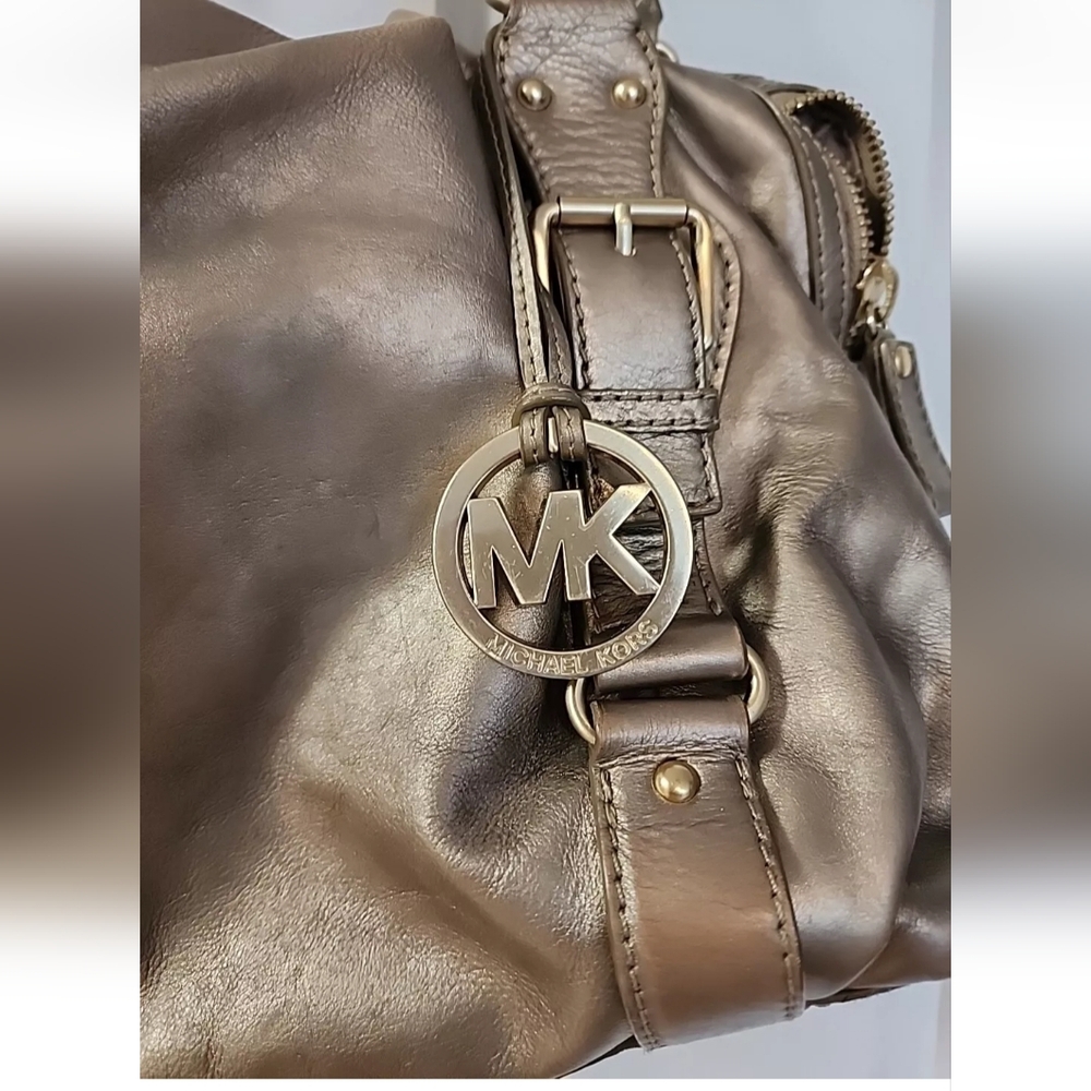 Michael Kors Fulton Metallic Dark Grey Leather Top Handle Bowler Bag Pur… - Picture 16 of 16
